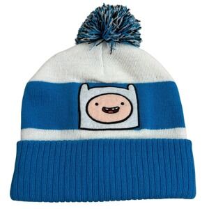 Adventure Time Finn Cartoon Network Kids Beanie Hat Blue White Pom‎ Pom